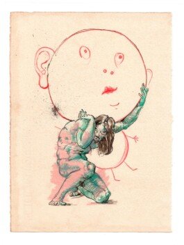 Sebastian Neeb, Selbst als grüner Atlas (nach Baldassare Tommaso Peruzzi) (aus der Serie: Selbst als Super), Farbstift und Federzeichnung in Sepia auf präpariertem Papier © Sebastian Neeb, Foto: privat